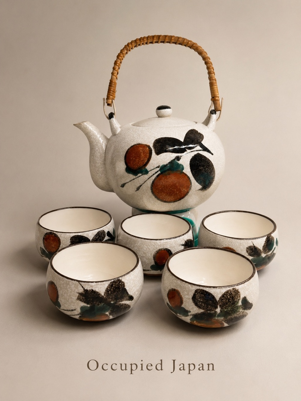 Vintage Otagiri Japanese Tea Set Persimmon Teapot 5 Cups Hand Painted Ceramic